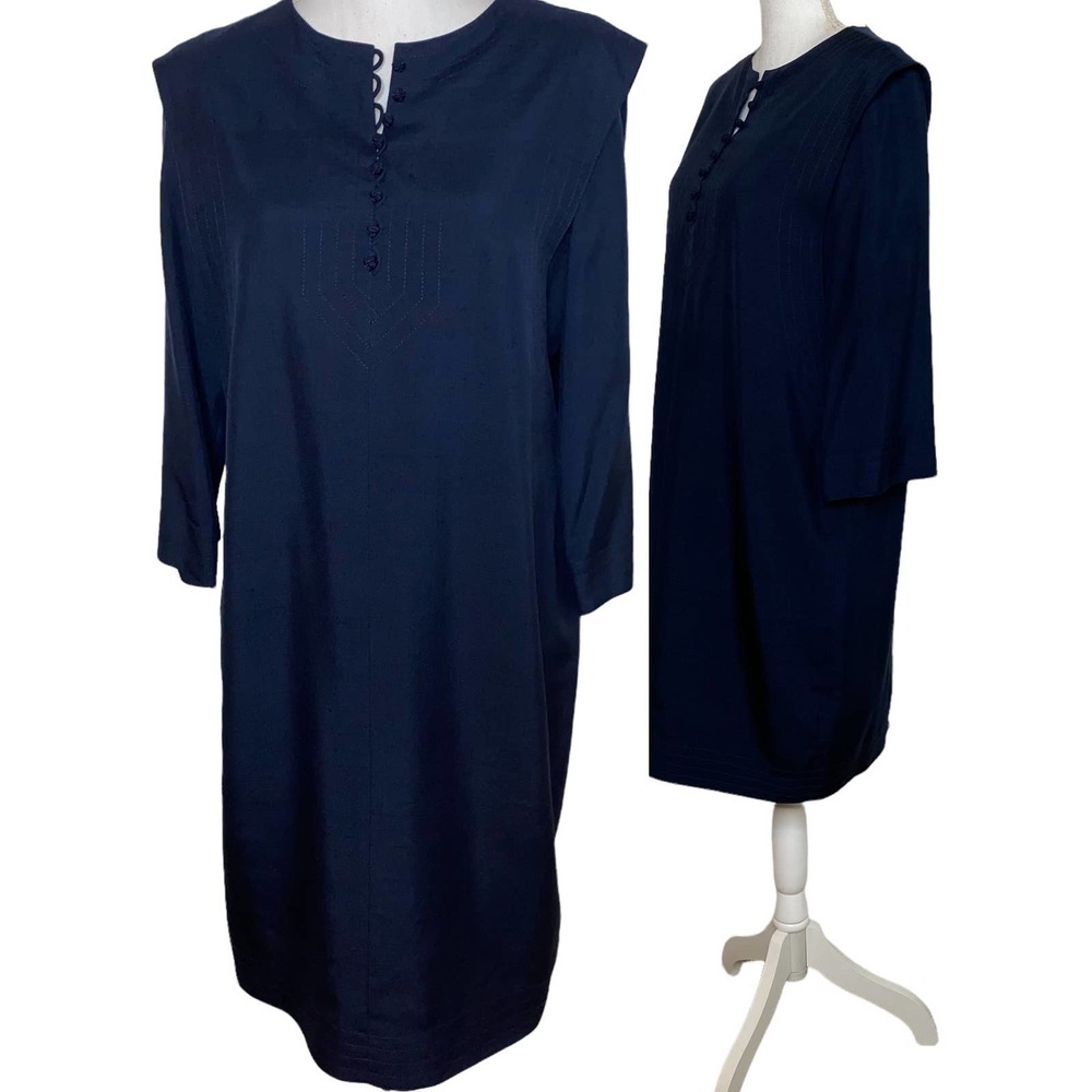 Tom and Linda Platt Dress Silk Button Up Sheath Shift Dress, Navy, Size Medium